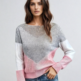 Loose knit sweater with chevron heart, gray and pink, white long sleeves