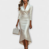 Rebecca - Midi-Kleid aus weißem Satin mit V-Ausschnitt