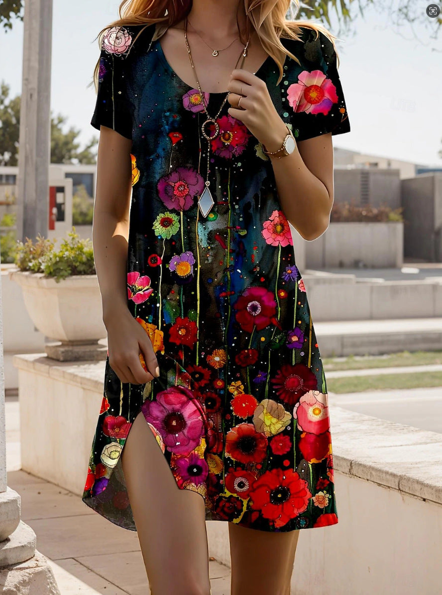 Bohemian print dress with short sleeves, black base with bold multicolor flower pattern