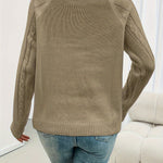 Khaki crewneck knit sweater, back view, with ribbed hem and long sleeves