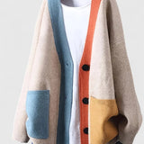 Liane™ color-block cardigan in beige with orange button placket and blue patch pocket