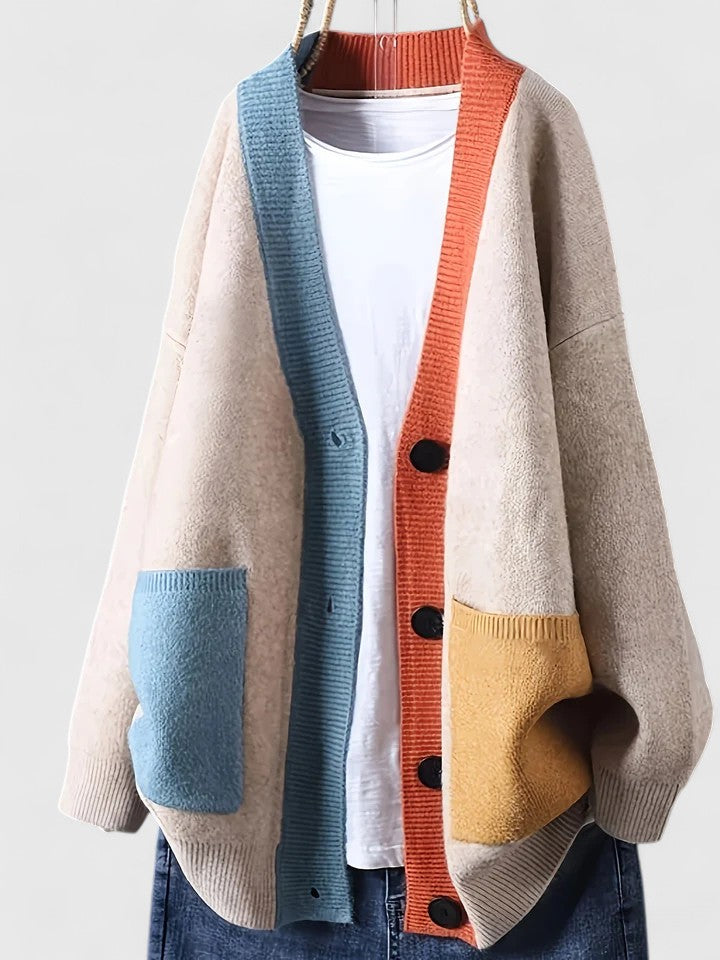 Liane™ color-block cardigan in beige with orange button placket and blue patch pocket