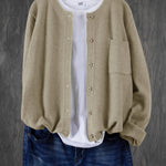 Beige round-neck cardigan with button front and side pocket