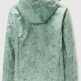 Mint green hooded jacket with back view, leaf-patterned fabric and gathered hood