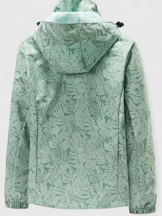 Mint green hooded jacket with back view, leaf-patterned fabric and gathered hood