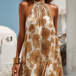 Beige floral satin halter maxi dress close-up, ruched gathered neckline