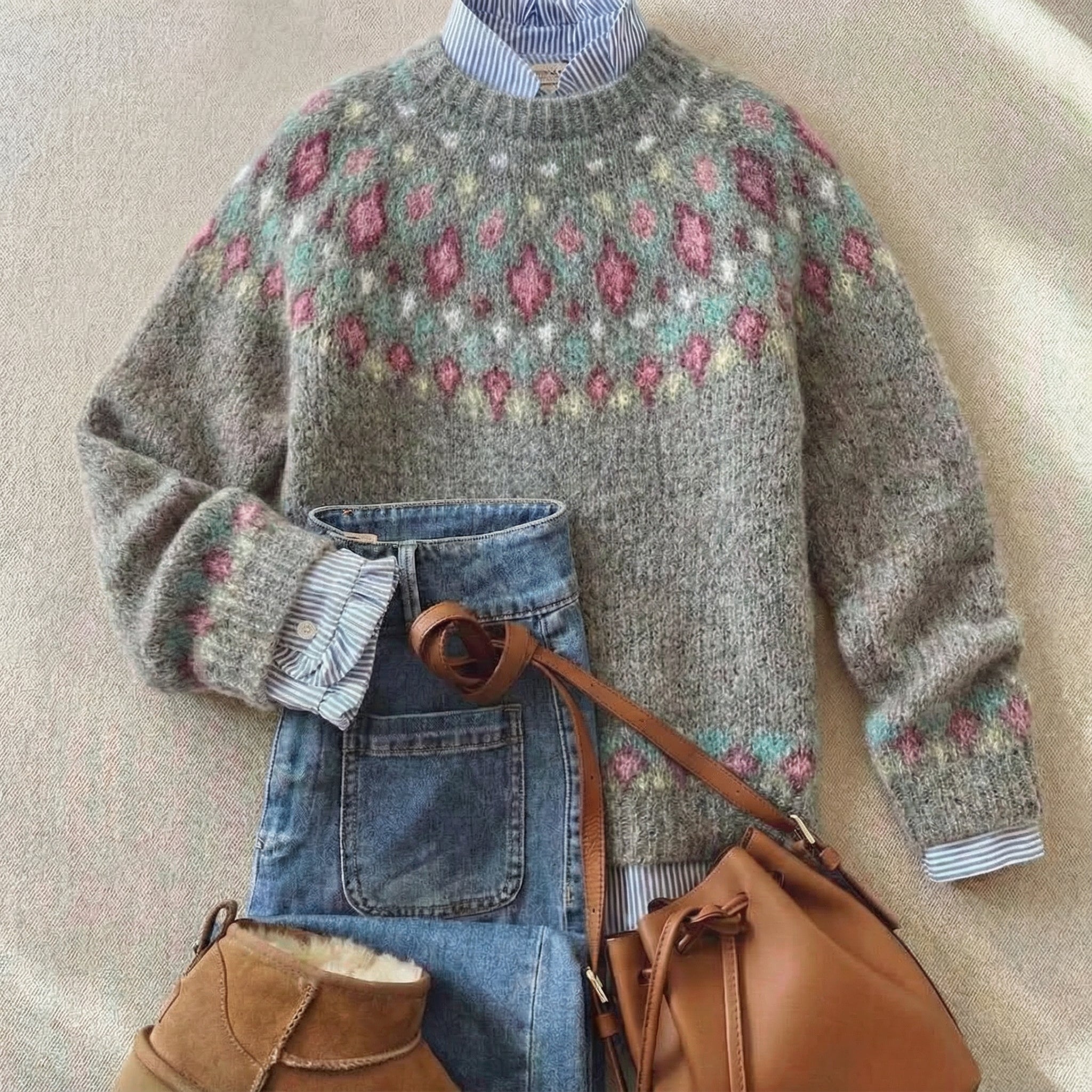 Fair Isle knit sweater, light stone gray with pink and green pattern at yoke