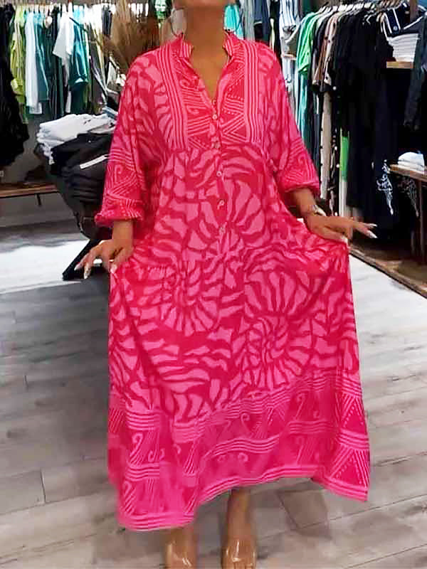 Pink printed V-neck midi dress, front view, 3/4 sleeves and button front