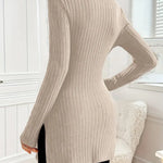 Ribbed knit turtleneck sweater dress, long sleeves, slim fit, oatmeal beige