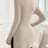 Ribbed knit turtleneck sweater dress, long sleeves, slim fit, oatmeal beige