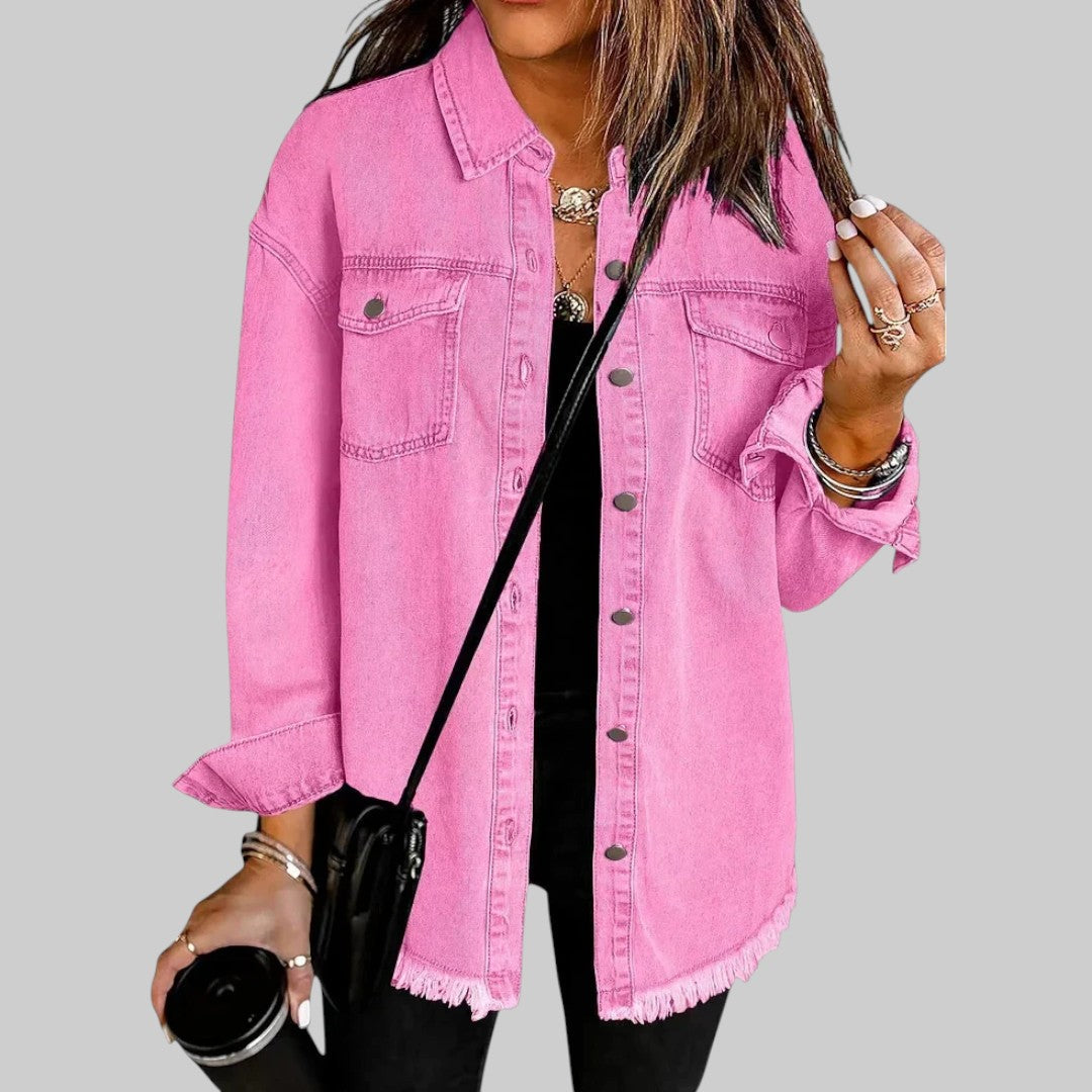 Bright pink denim-style button-up jacket with flap chest pockets and frayed hem