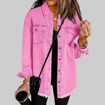 Bright pink denim-style button-up jacket with flap chest pockets and frayed hem
