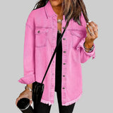 Bright pink denim-style button-up jacket with flap chest pockets and frayed hem