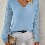 Light blue long-sleeve V-neck knit sweater with openwork lace sleeve panels