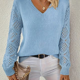 Light blue long-sleeve V-neck knit sweater with openwork lace sleeve panels