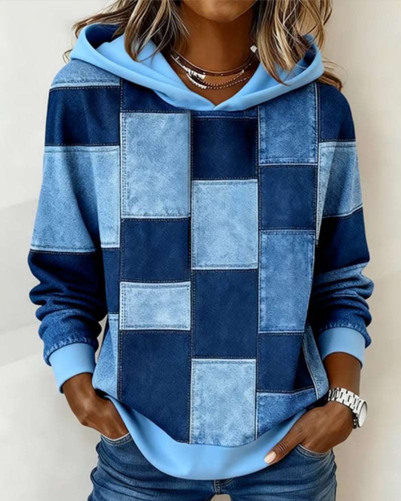 Blue patchwork long-sleeve hoodie with hood and drawstring, front square blocks