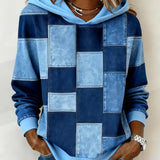 Blue patchwork long-sleeve hoodie with hood and drawstring, front square blocks