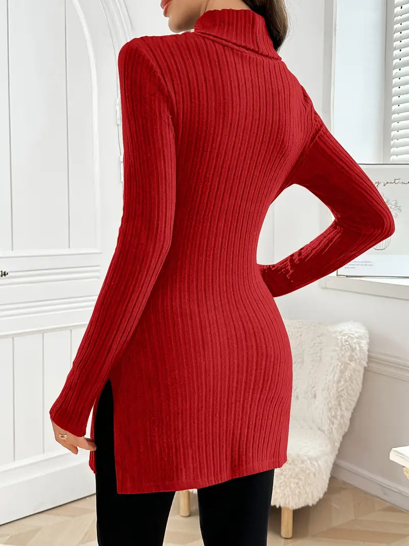 Slim-fit long-sleeve knit sweater with mock neck and ribbing, red back view