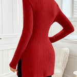 Slim-fit long-sleeve knit sweater with mock neck and ribbing, red back view