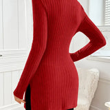 Slim-fit long-sleeve knit sweater with mock neck and ribbing, red back view