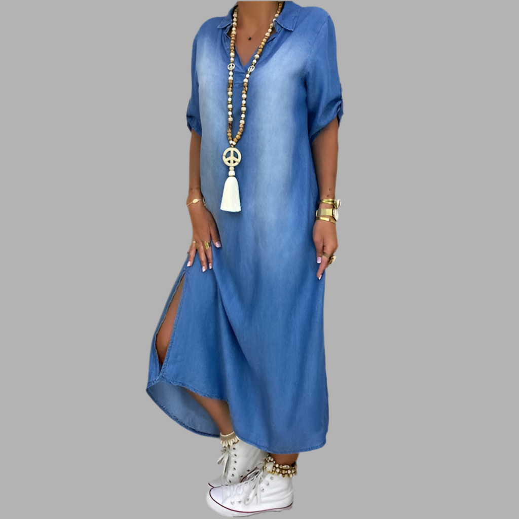 Lea™ blue denim maxi dress, V-neck, short sleeves, side slit, relaxed fit