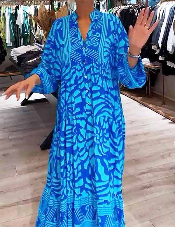 Blue printed V-neck midi dress with 3/4 sleeves and button front