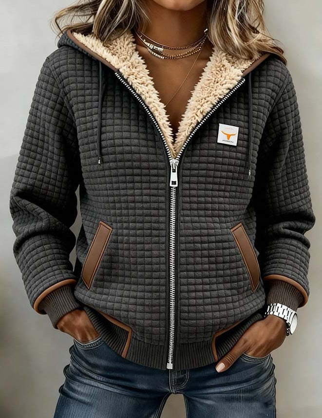 Milana™ thermo fleece jacket, dark gray quilted with sherpa trim and zip front