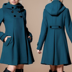 Teal long hooded coat front and back, belt strap and buttoned placket