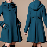 Teal long hooded coat front and back, belt strap and buttoned placket