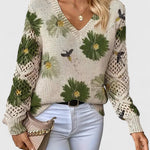 Relaxed floral pullover sweater, cream knit with green flower print, V-neck, long sleeves