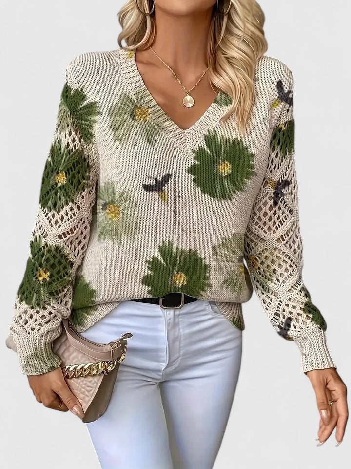 Relaxed floral pullover sweater, cream knit with green flower print, V-neck, long sleeves