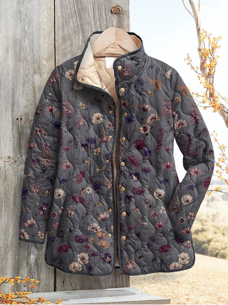 Women's quilted floral print casual jacket with hood, dark navy, button-front zipper