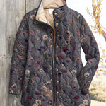 Women's quilted floral print casual jacket with hood, dark navy, button-front zipper