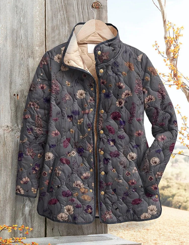 Women's quilted floral print casual jacket with hood, dark navy, button-front zipper