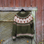 Olive knit pullover sweater with Fair Isle yoke and patterned hem, crew neckline