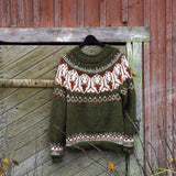 Olive knit pullover sweater with Fair Isle yoke and patterned hem, crew neckline