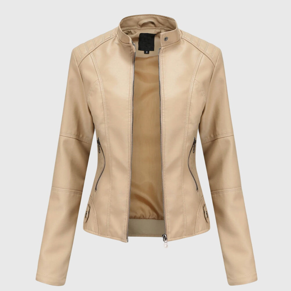 Women's beige leather zip jacket with stand collar and side zipper pockets