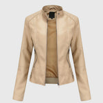Women's beige leather zip jacket with stand collar and side zipper pockets