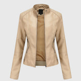 Women's beige leather zip jacket with stand collar and side zipper pockets