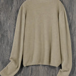 Women’s round-neck cardigan with long sleeves, light beige knit texture, cropped back view