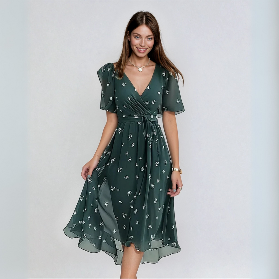 Lina™ elegant short-sleeve dress in dark green floral print, V-neck, gathered skirt