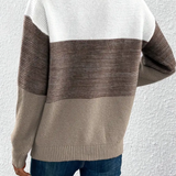 Two-tone long-sleeve sweater back view, white yoke with brown knit body and ribbed hem