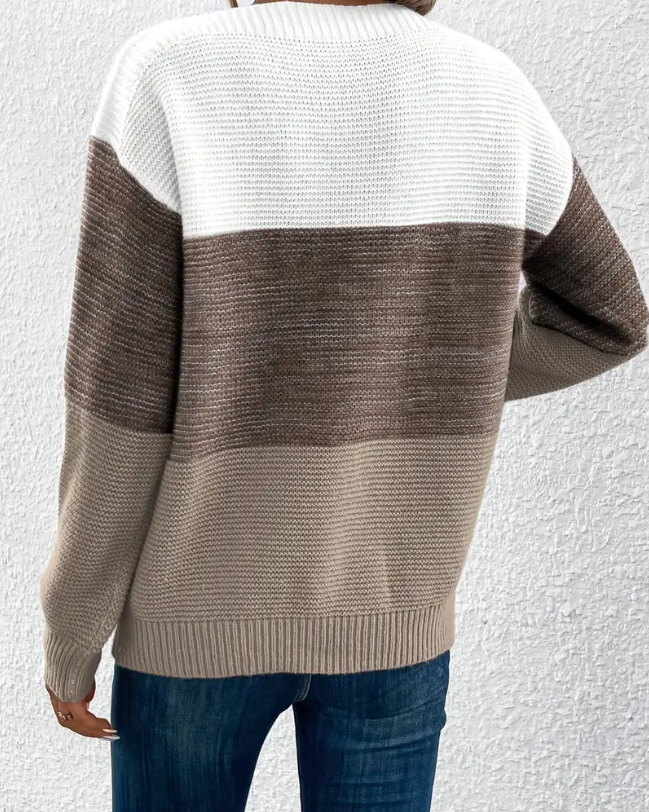 Two-tone long-sleeve sweater back view, white yoke with brown knit body and ribbed hem