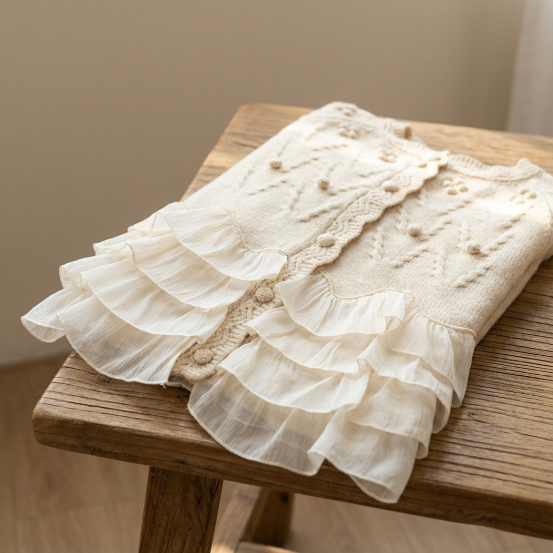 Cream folded cardigan on table, bobble knit texture with layered ruffle front