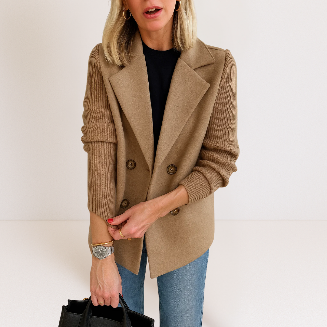 Beige everyday blazer with notch lapels and four-button closure, ribbed sleeve cuffs