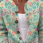 Multicolor floral button pullover with V-neck and long sleeves, brown buttons