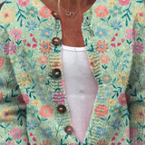 Multicolor floral button pullover with V-neck and long sleeves, brown buttons