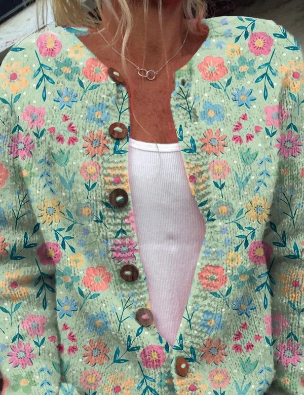 Multicolor floral button pullover with V-neck and long sleeves, brown buttons