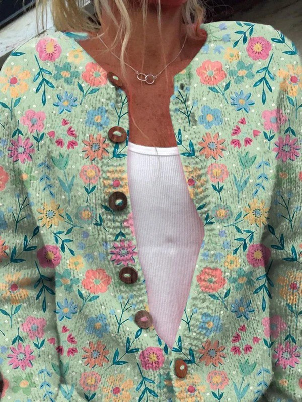 Multicolor floral button pullover with V-neck and long sleeves, brown buttons