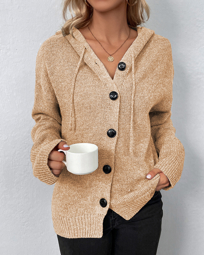 Khaki hooded knit cardigan with button front and textured knit finish
